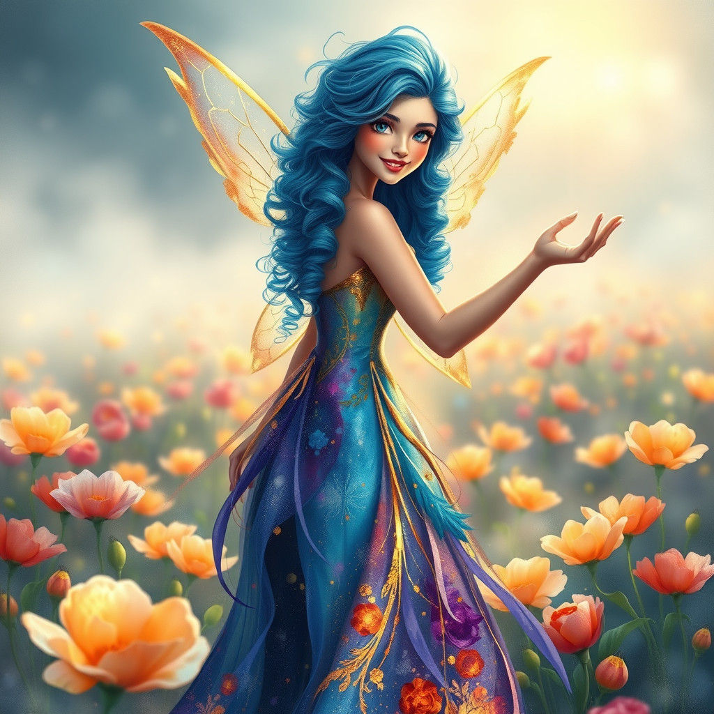 Luminous Fairy in Poppy Field, Watercolor Style