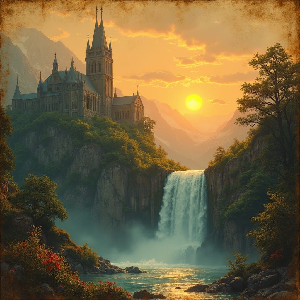 Cathedral Sunset Waterfall on Ancient Parchment