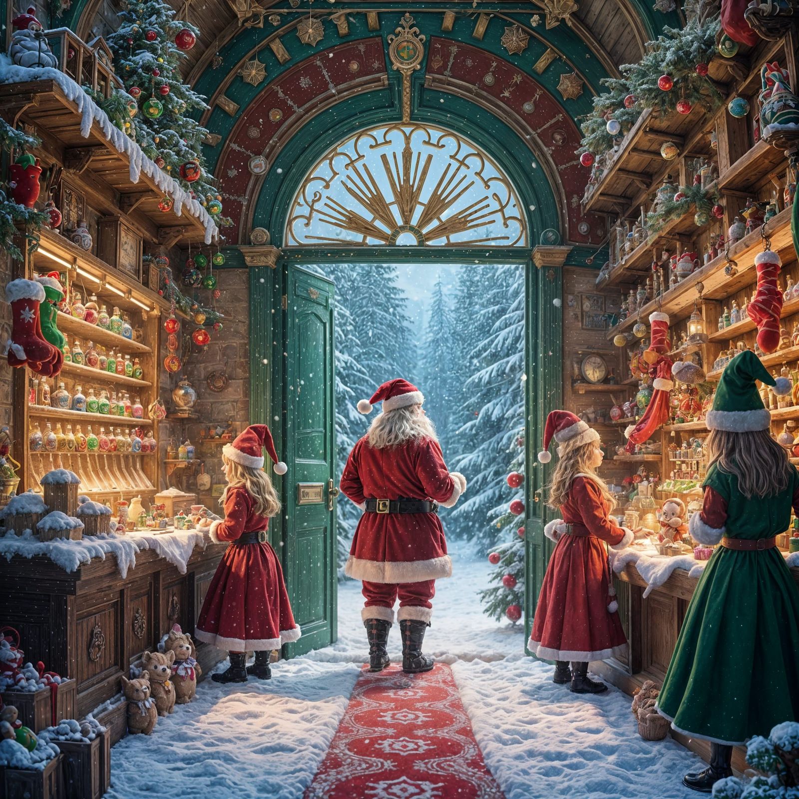 Santa Surrounded by Colorful Elves in a Vibrant North Pole T...