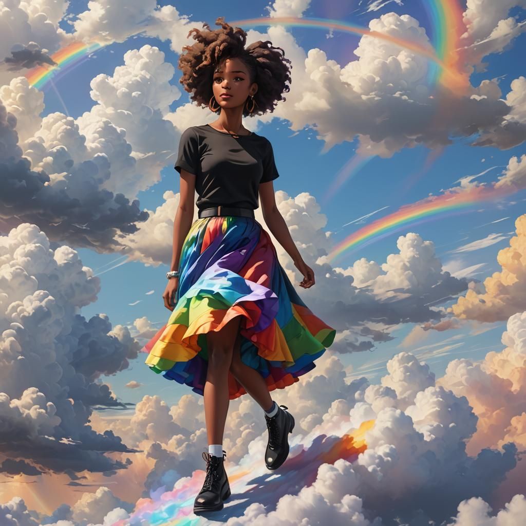 Beautiful Woman Walking on Rainbow in Anime Style