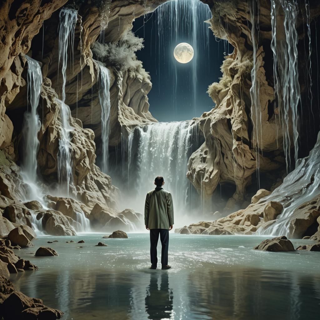 Surreal Waterfall Scene with Moonlit Miniature World