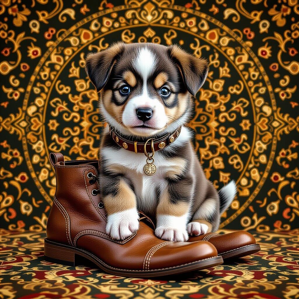 Swedish Vallhund Puppy in Shoe, Klimt-Inspired Art