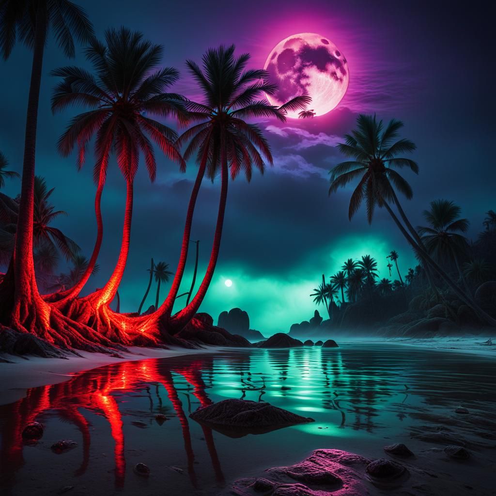 Surreal Phosphorescent Beach with Glowing Palm Trees