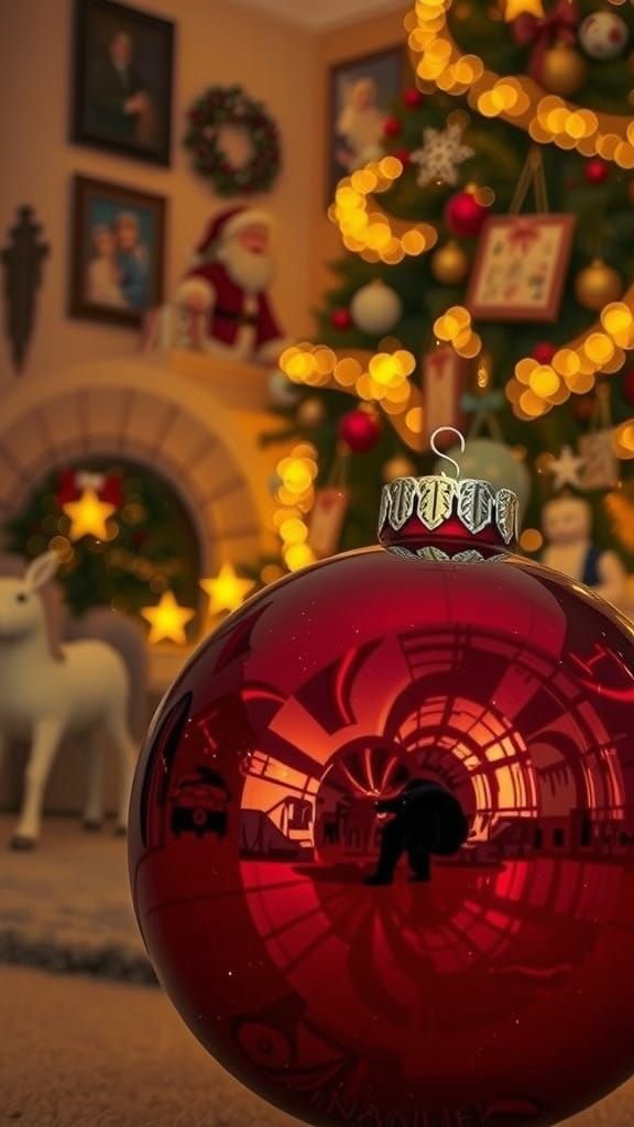 A closeup photo of a reflection on a fallen red ornament showing Santa claus putting presents under a Christmas tree. Th...