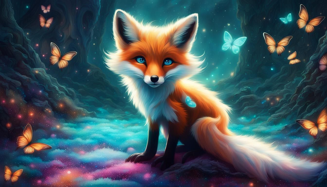 Bioluminescent Fox with Turquoise Eyes, Fantasy Art