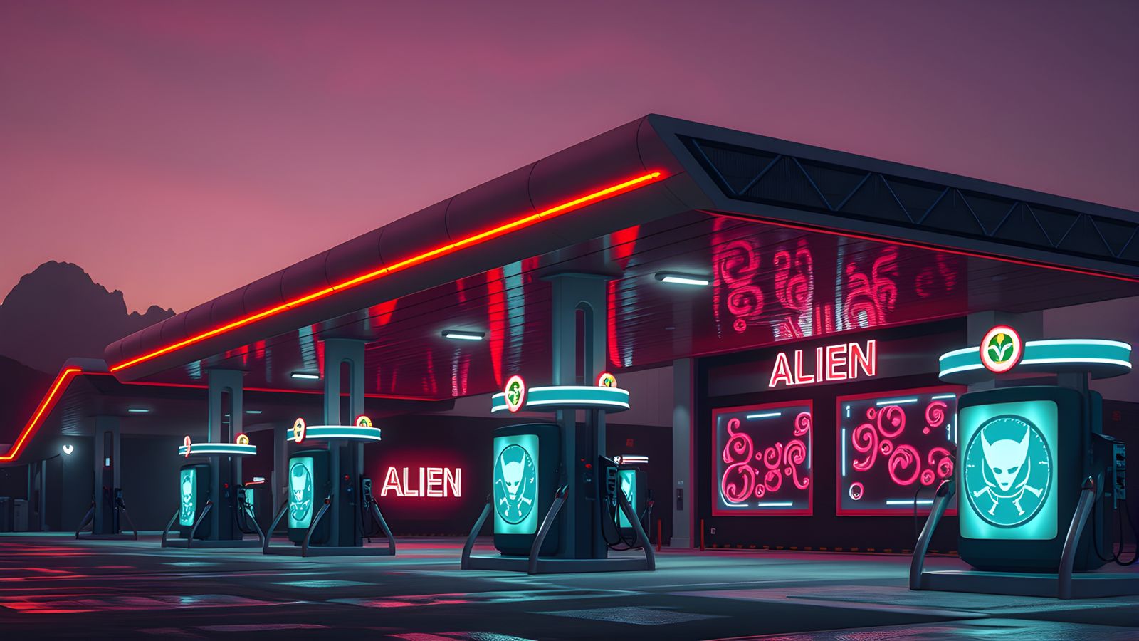 High-Tech Petrol Station with Neon Alien Symbols