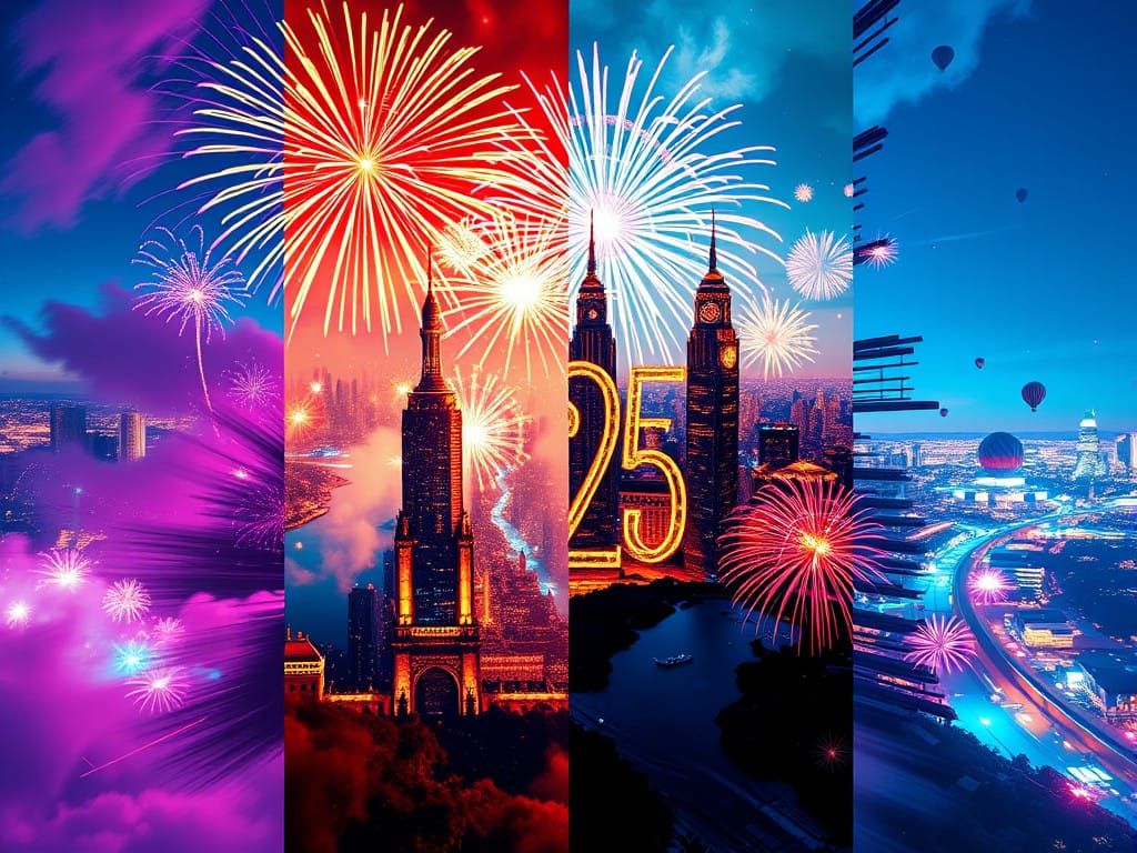 Futuristic New Year Celebrations in a Neon-Cyberpunk Split S...