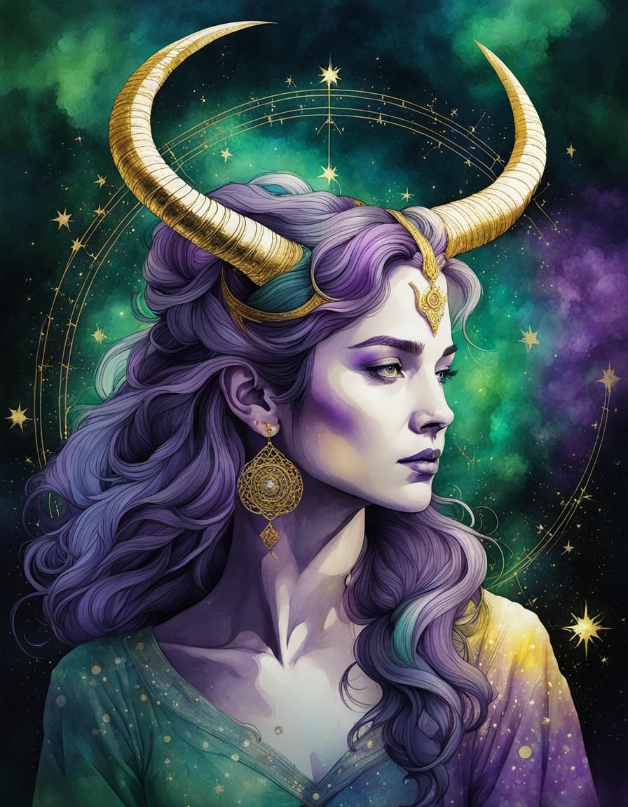 Woman as Capricorn in Watercolor and Ink