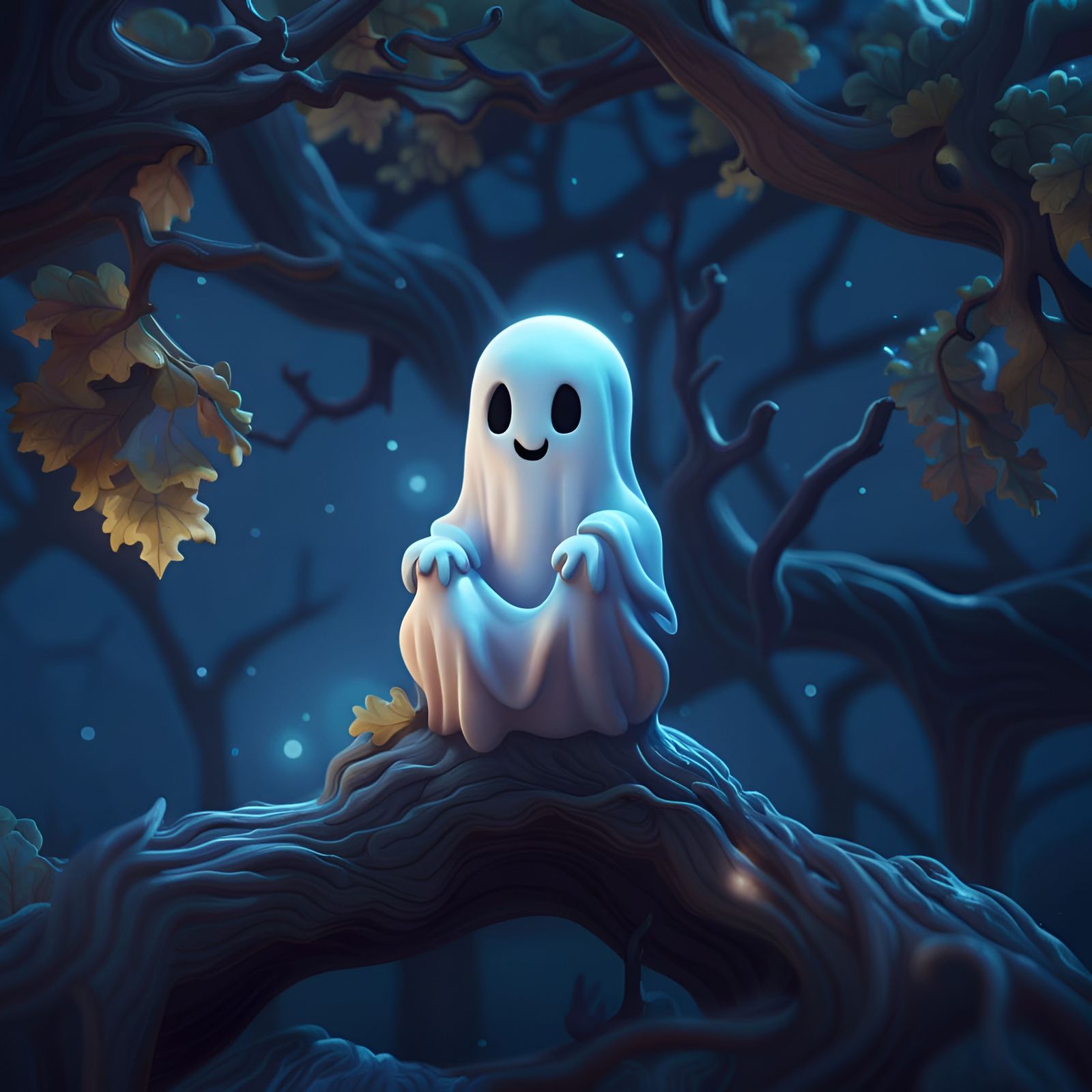 Cute Ghost in Oak Tree Under Moonlight
