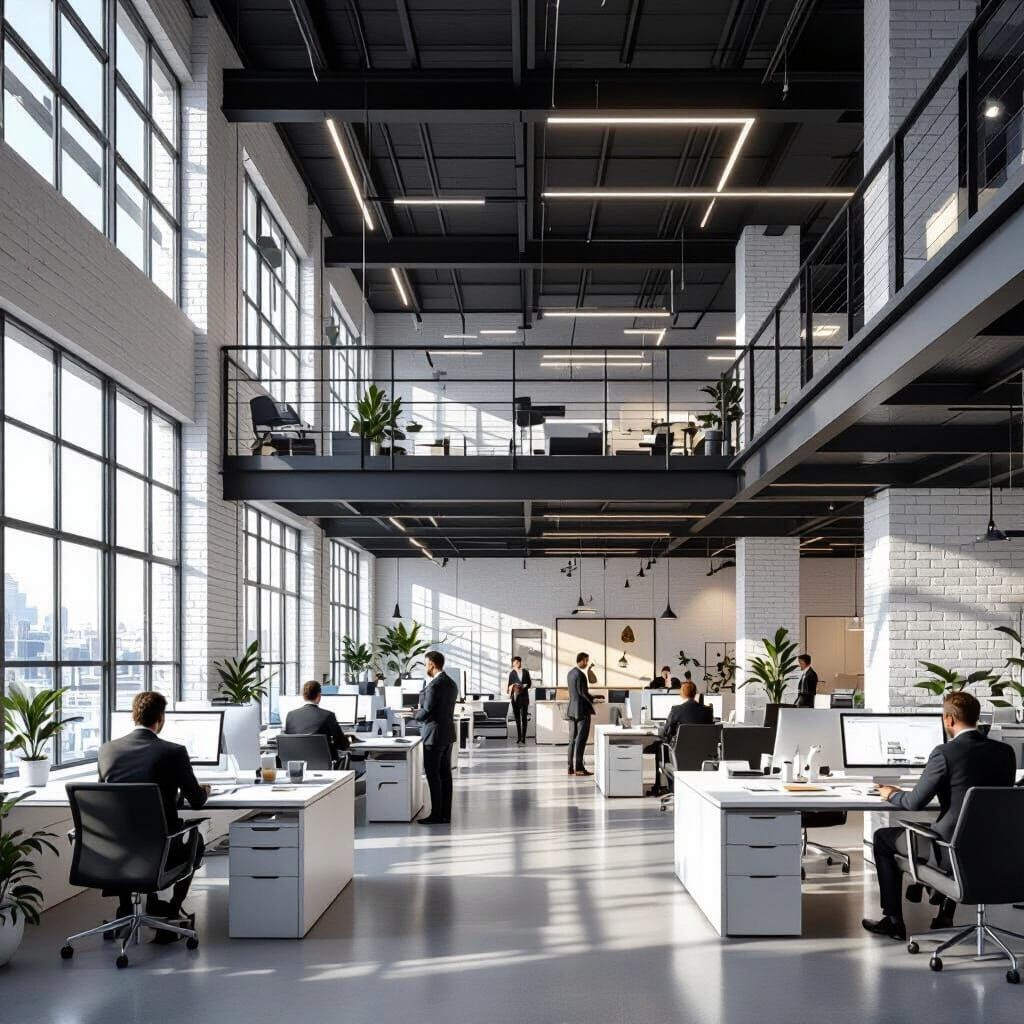 Modern Office Interior with Mezzanine, Realistic Rendering
