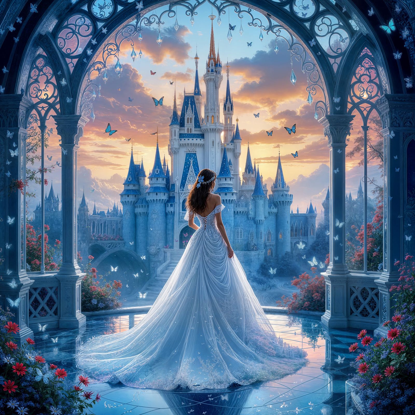 Ethereal Blue Glass Room with Sunset