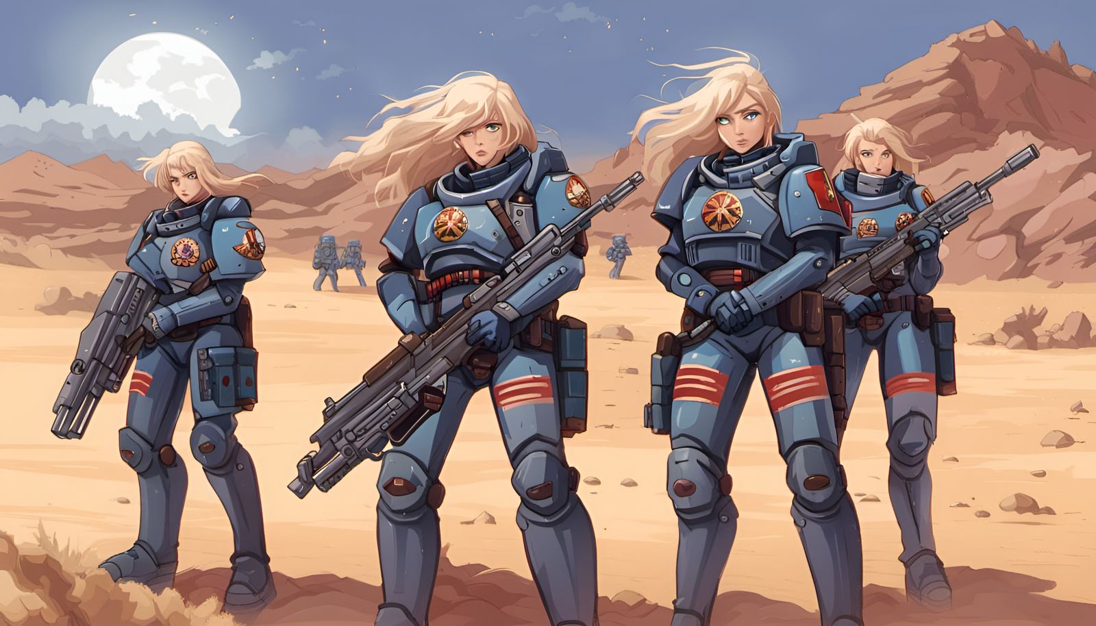 Anime Style Female Space Marines in Desert