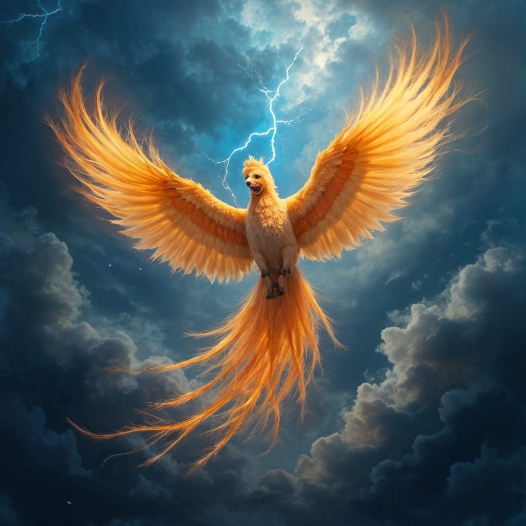 Majestic Phoenix Rises from Turbulent Clouds in Iridescent G...