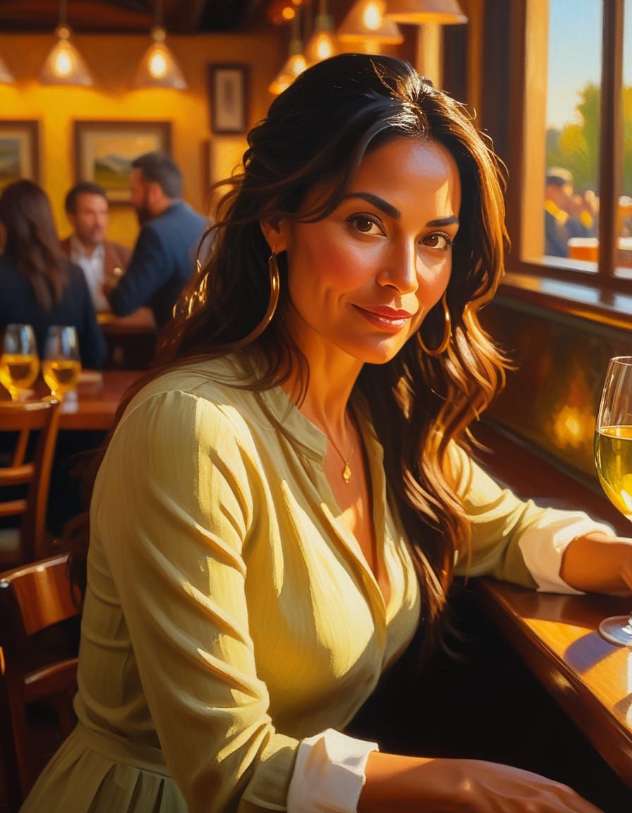 Woman at Bar in Impressionist Oil Painting