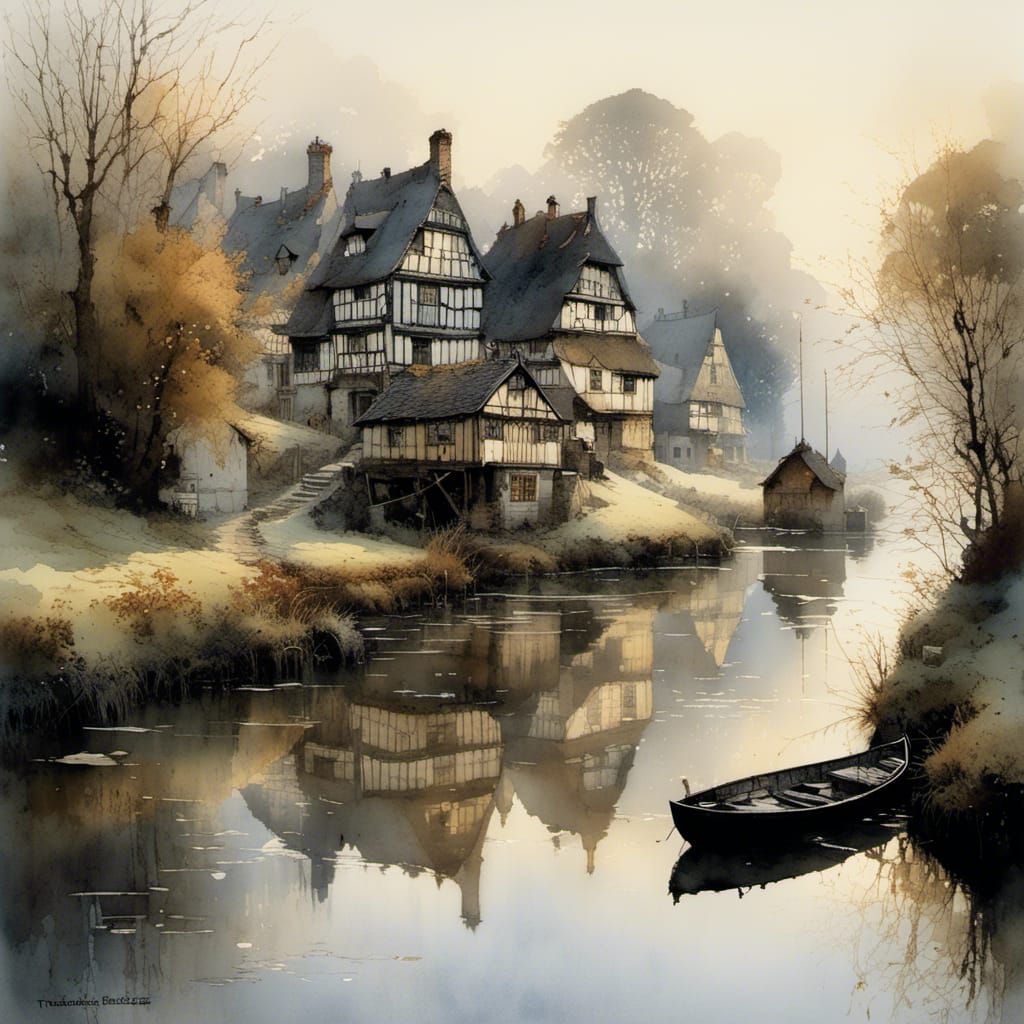 Half-Timbered Houses on Misty Lake, Detailed Illustration