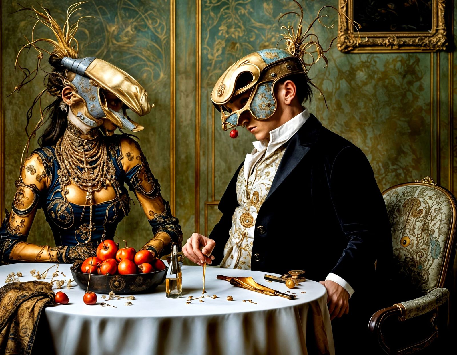 Surreal Restaurant Scene with Exotic Aliens