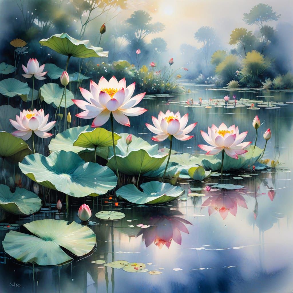 Surreal Watercolour Painting of Lotus Flowers in a Pond