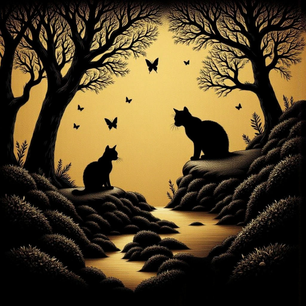 Whimsical Black and Gold Cat Silhouette in Watercolor