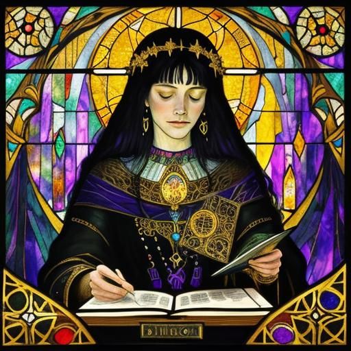 Mystical Witch Reading Tarot in Klimt Style