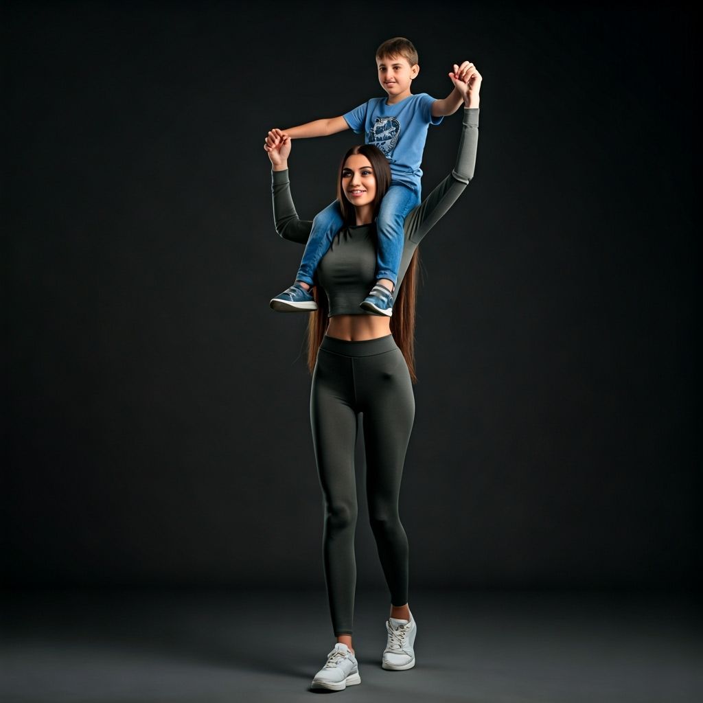 Tall Italian Woman Carries Boy on Shoulders, Photorealistic