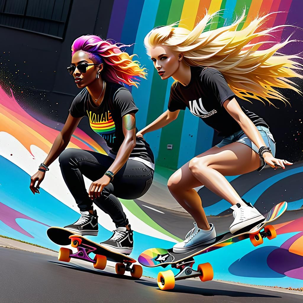 Rainbow Haired Skateboarder in Polychromatic Street Art