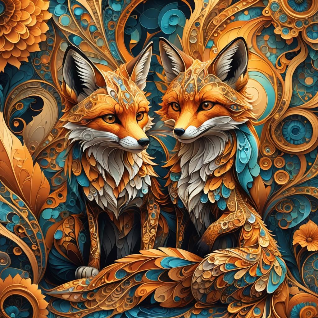 Fox and Cub in Abstract Fractal Art