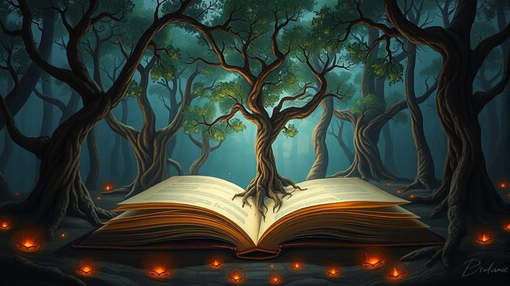Surreal Garden: Trees Grow From Books, Golden Roots Glow