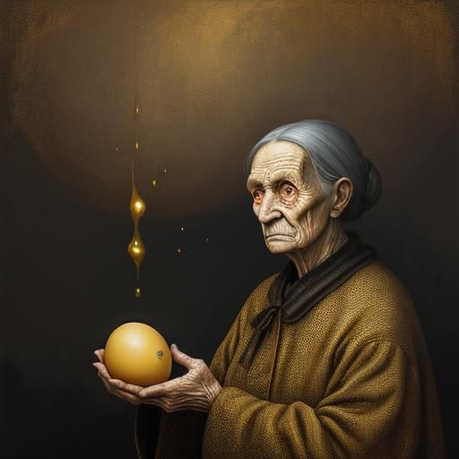 Surreal Old Woman Holding Eggs as Oil Painting