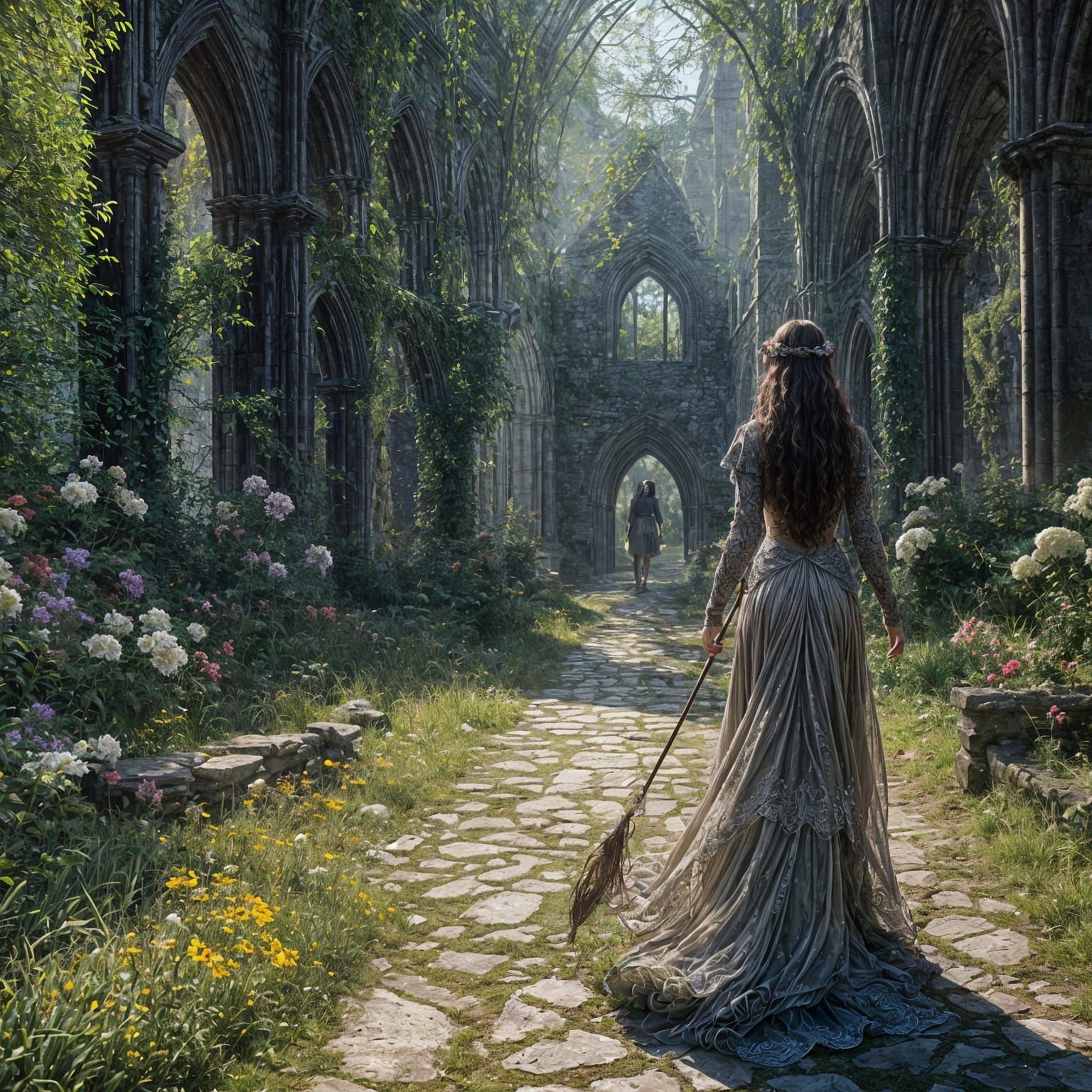 Lady Walking Through an Abbey in Surreal Style