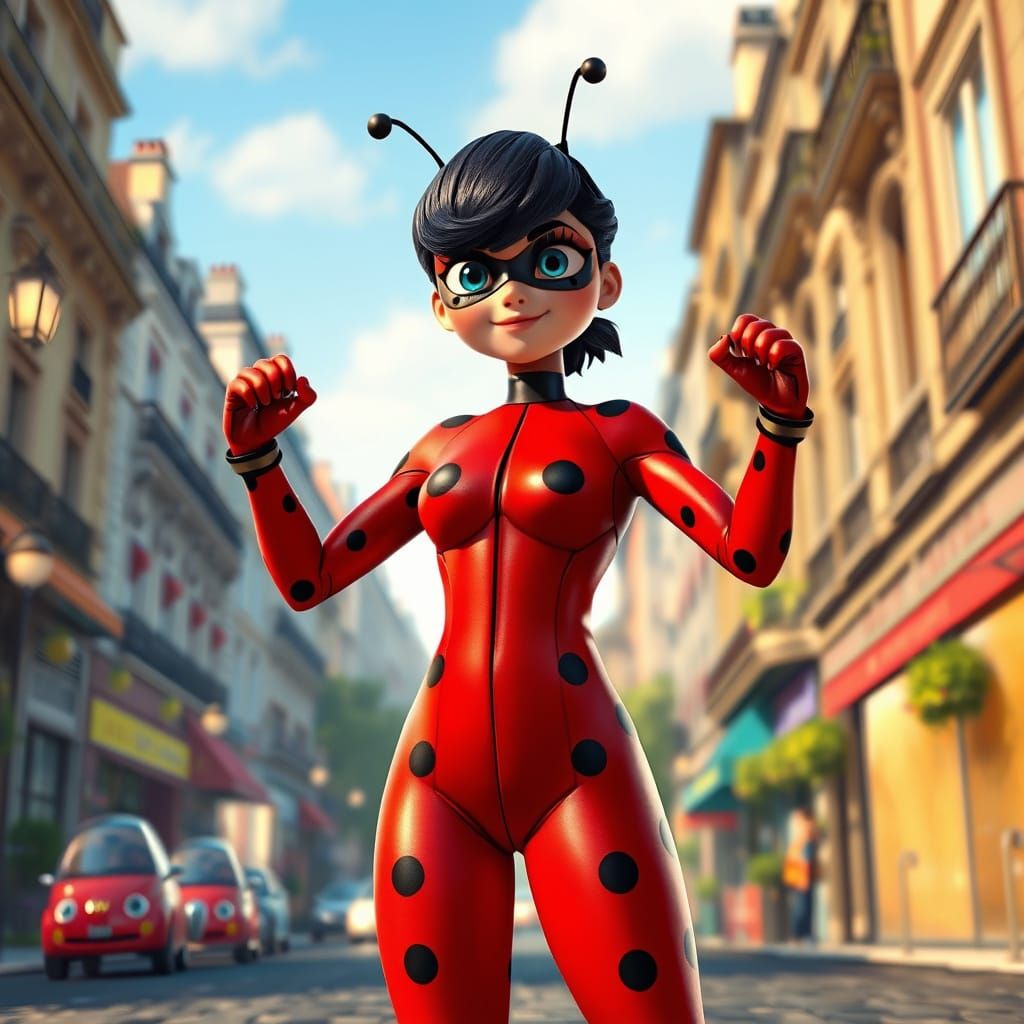 Ladybug Heroic Pose in Paris Streetscape as CGI Art