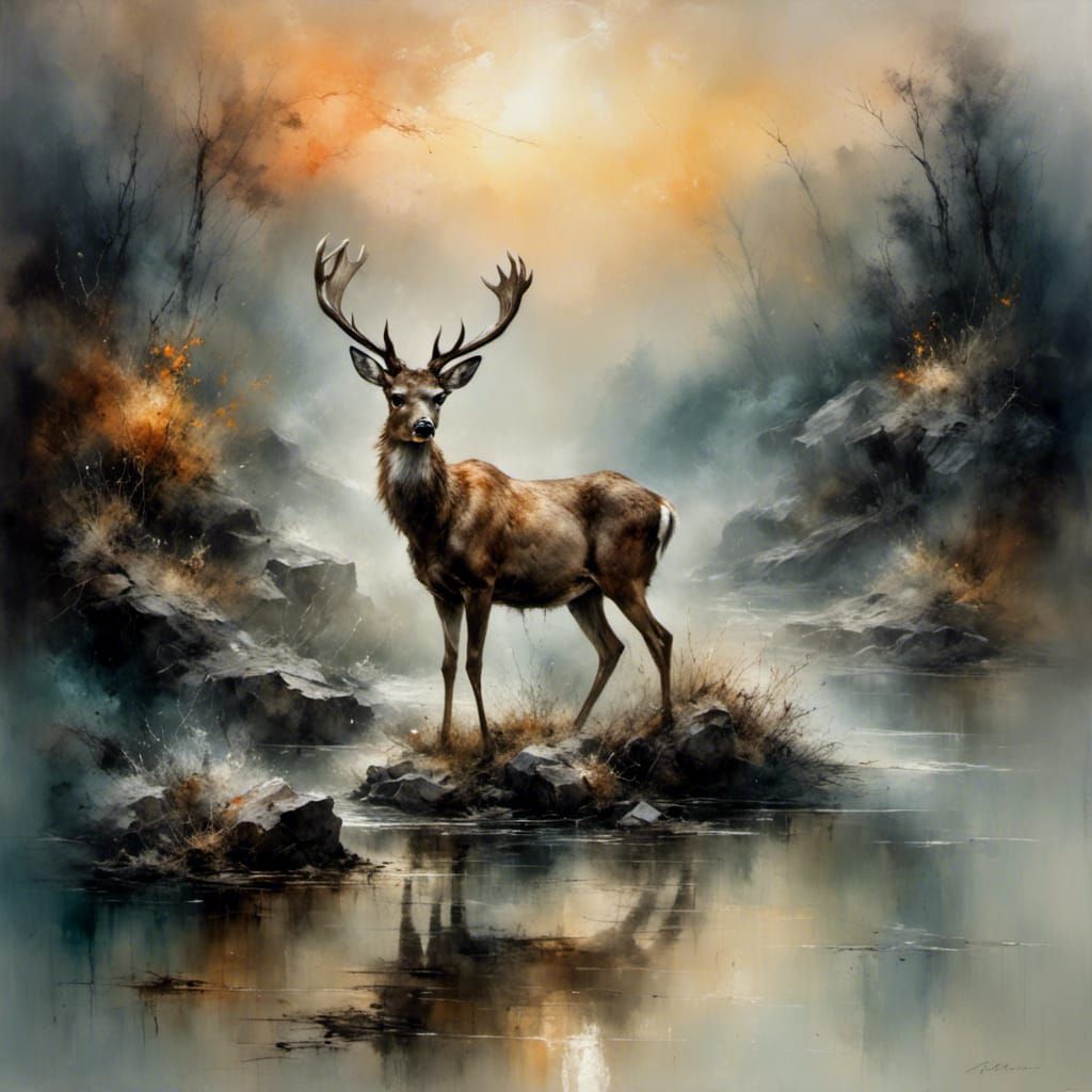 Romantic Sunset Deer Landscape, Oil Painting