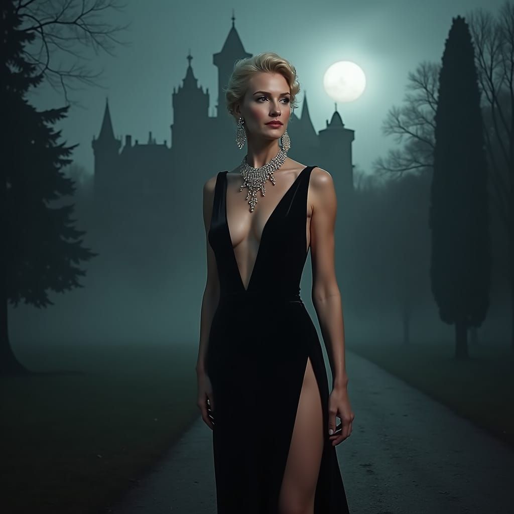 Elegant Woman in Velvet Gown, Digital Matte Painting