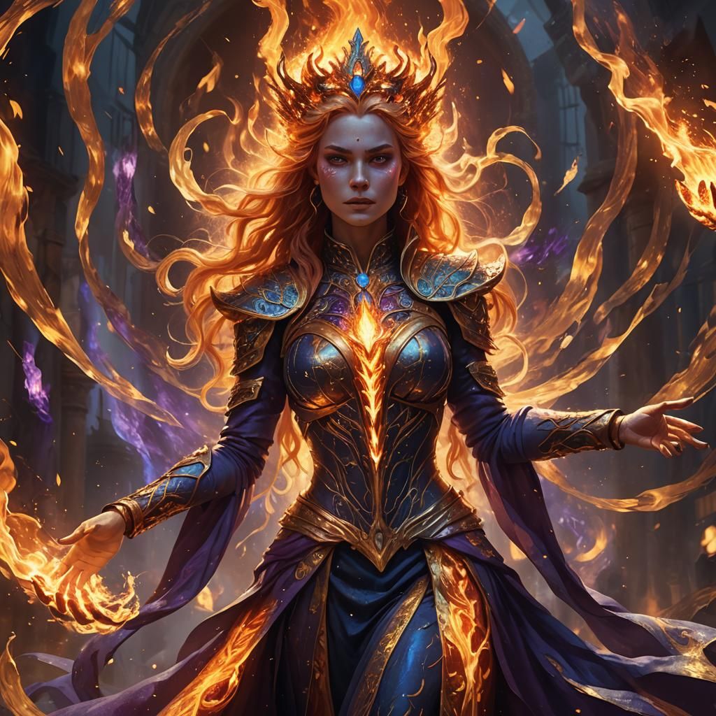 Fire Queen with Dancing Flames in Mystical Realm