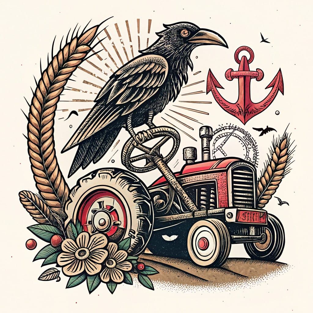 Vintage-Inspired Crow on Tractor Tattoo