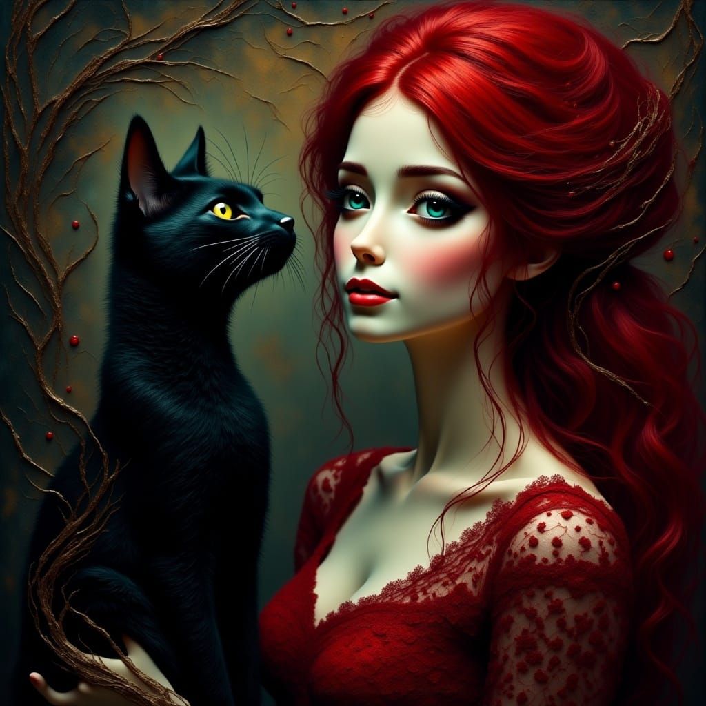 Gothic Redhead in Lace Dress with Black Cat