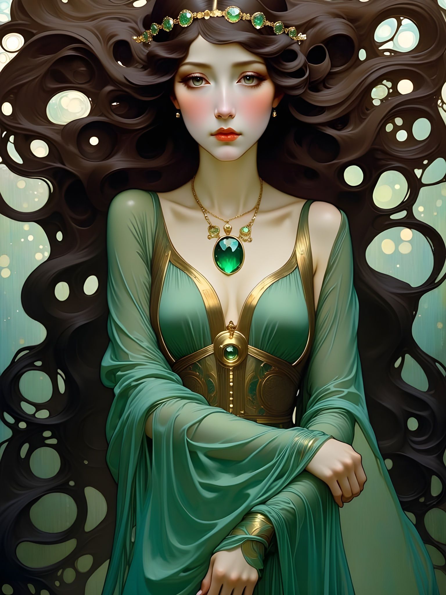 Enchanting Art Nouveau Goddess in Emerald and Brown