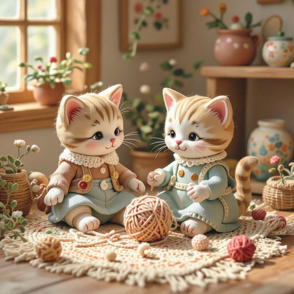 Clay Kittens Play with Yarn: A Whimsical Fantasy Scene