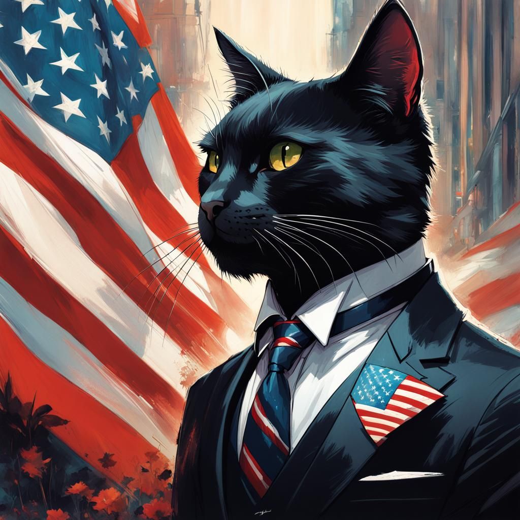 Dignified Black Cat in Suit with American Flag Motif