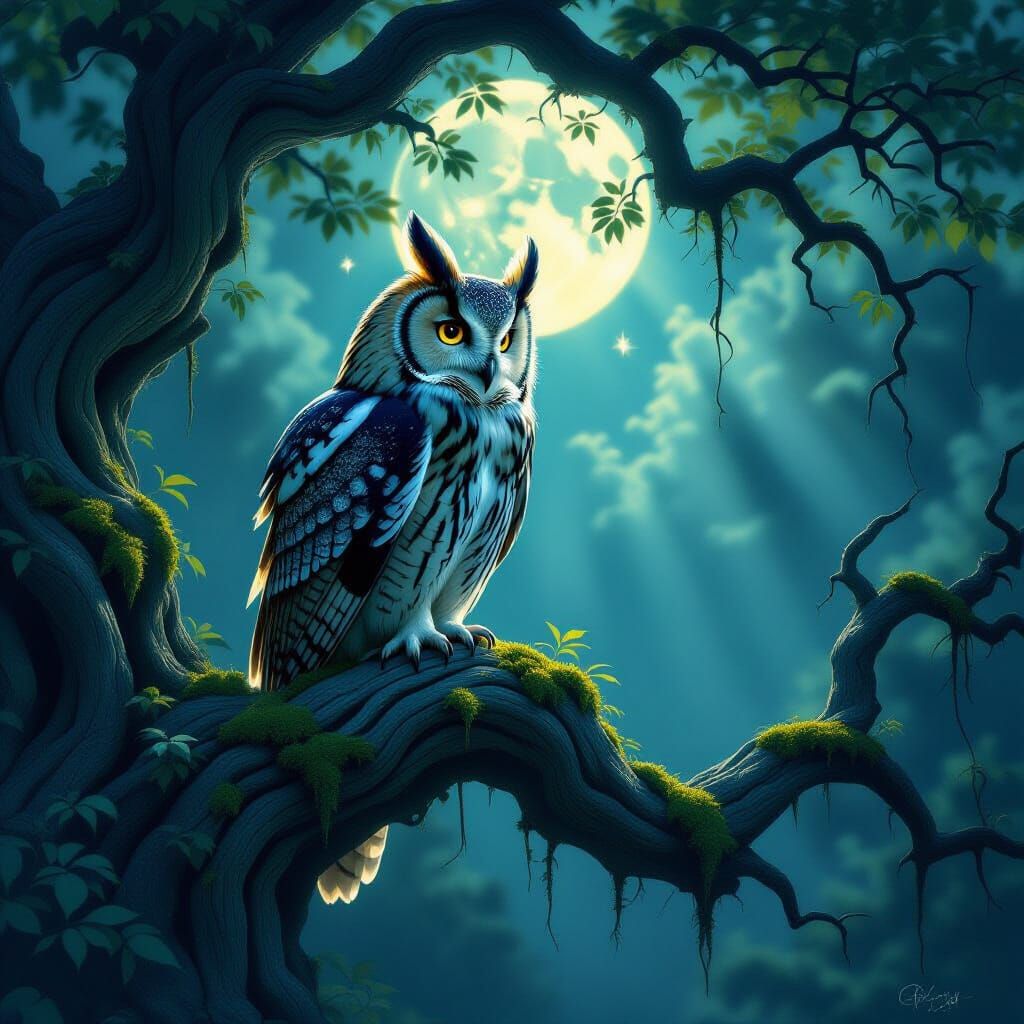 Majestic Owl in Ethereal Moonlight Forest