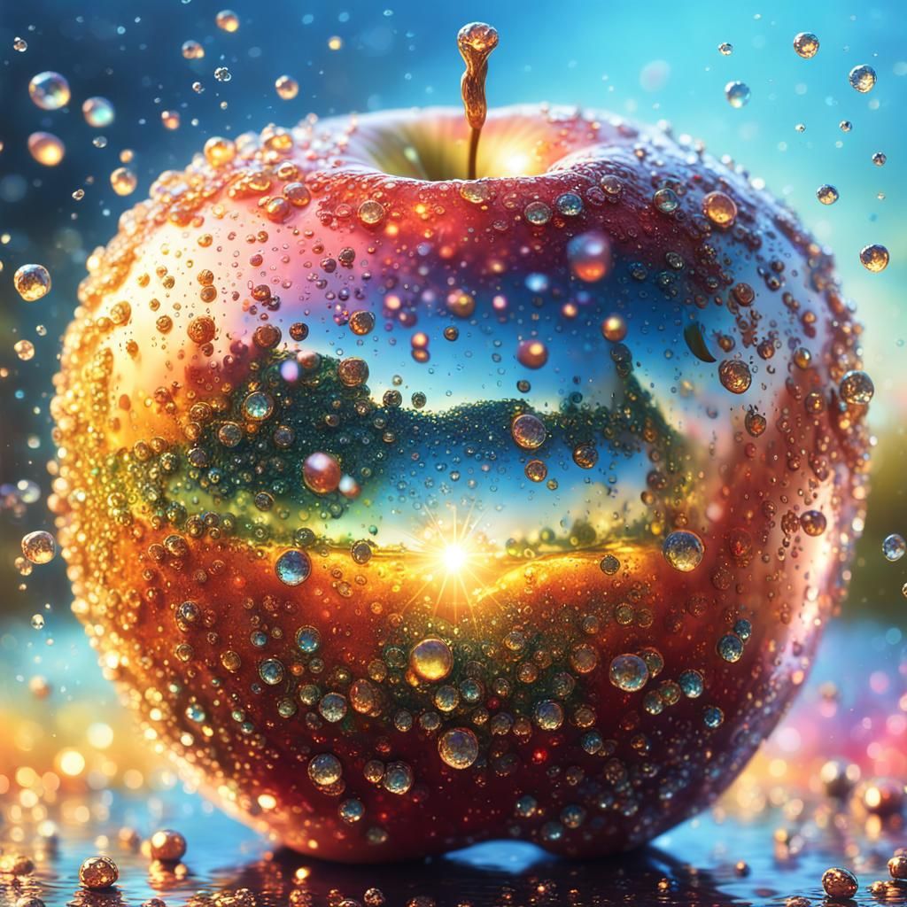 Golden Apple with Diamond Dewdrops: Hyperrealistic Splash Ar...