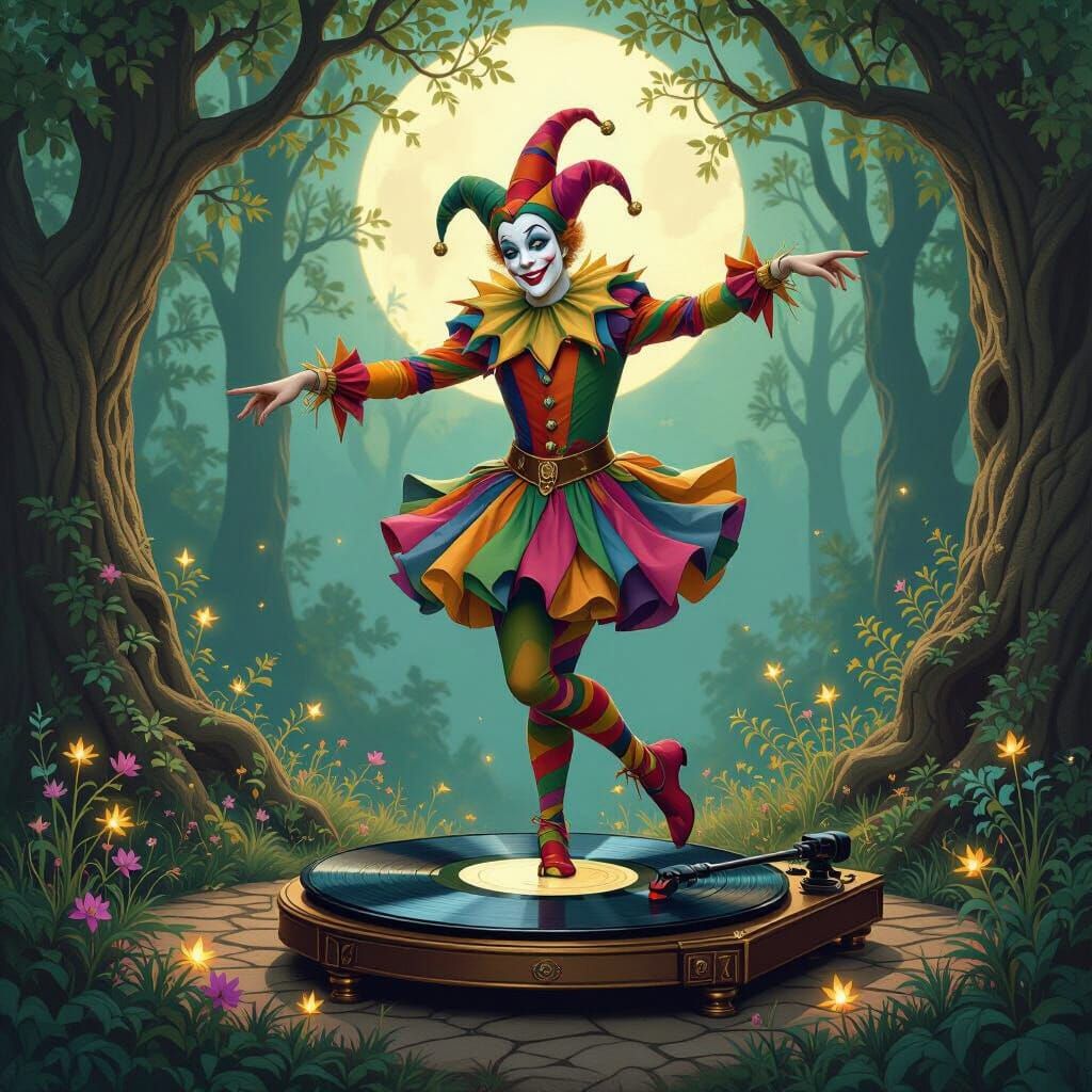 Whimsical Jester Pirouettes on Turntable in Moonlit Forest