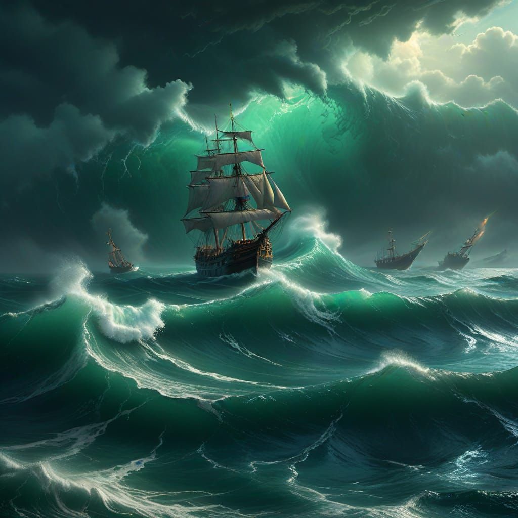 Drowning Ship in Stormy Emerald Sea, Dramatic Painting