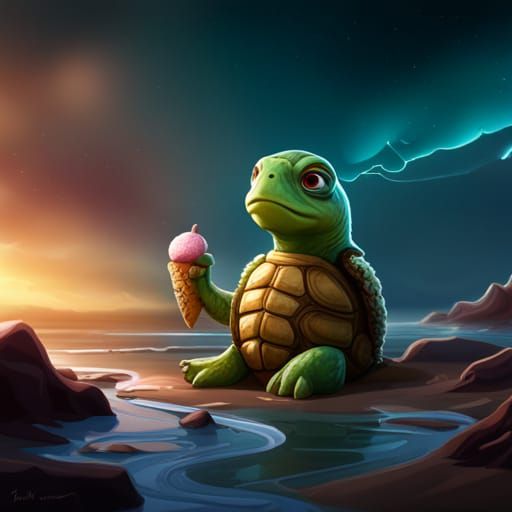 Adorable Turtle Eating Ice Cream: Detailed Digital Painting