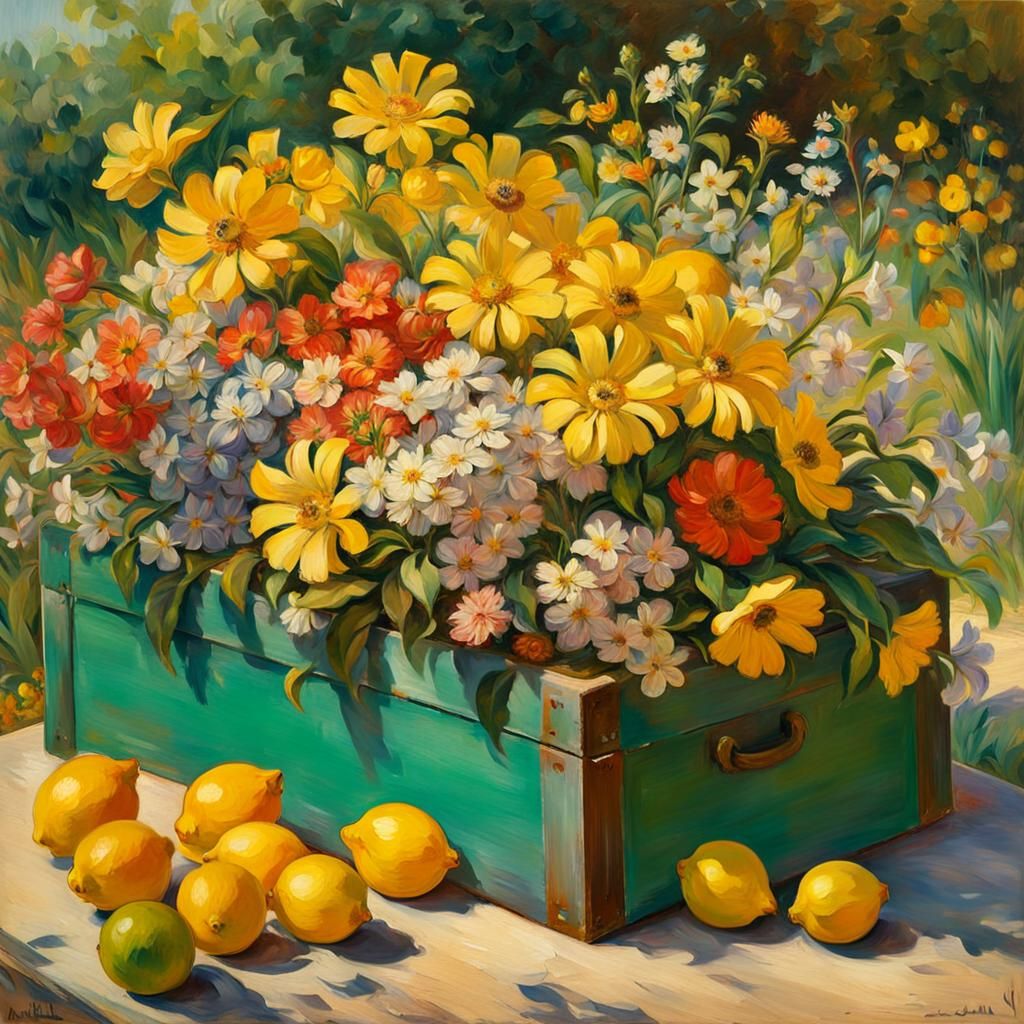 Colorful Flowers and Lemons in Impressionist Style