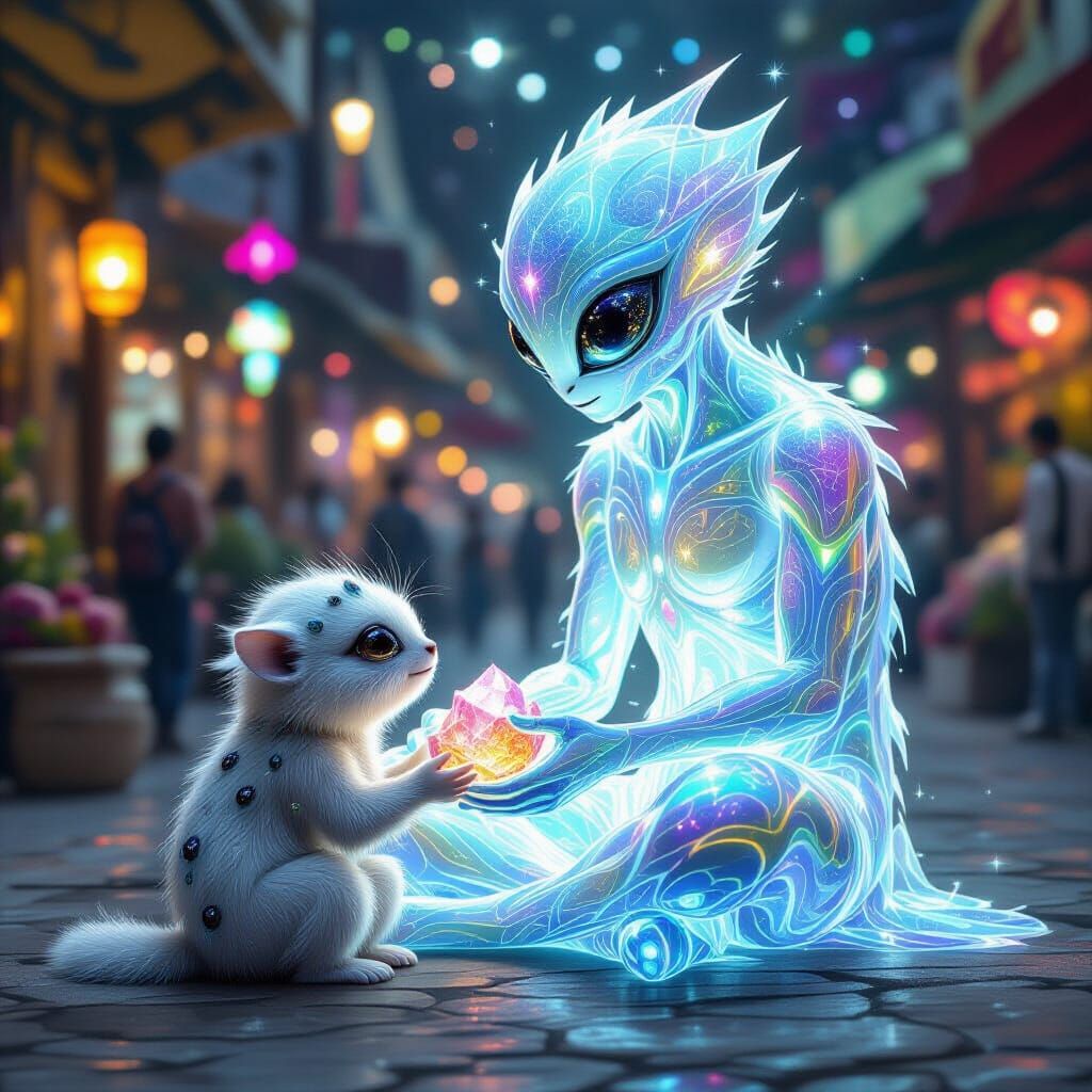 Alien Empathy: Furry Creature Comforted by Starlight Being