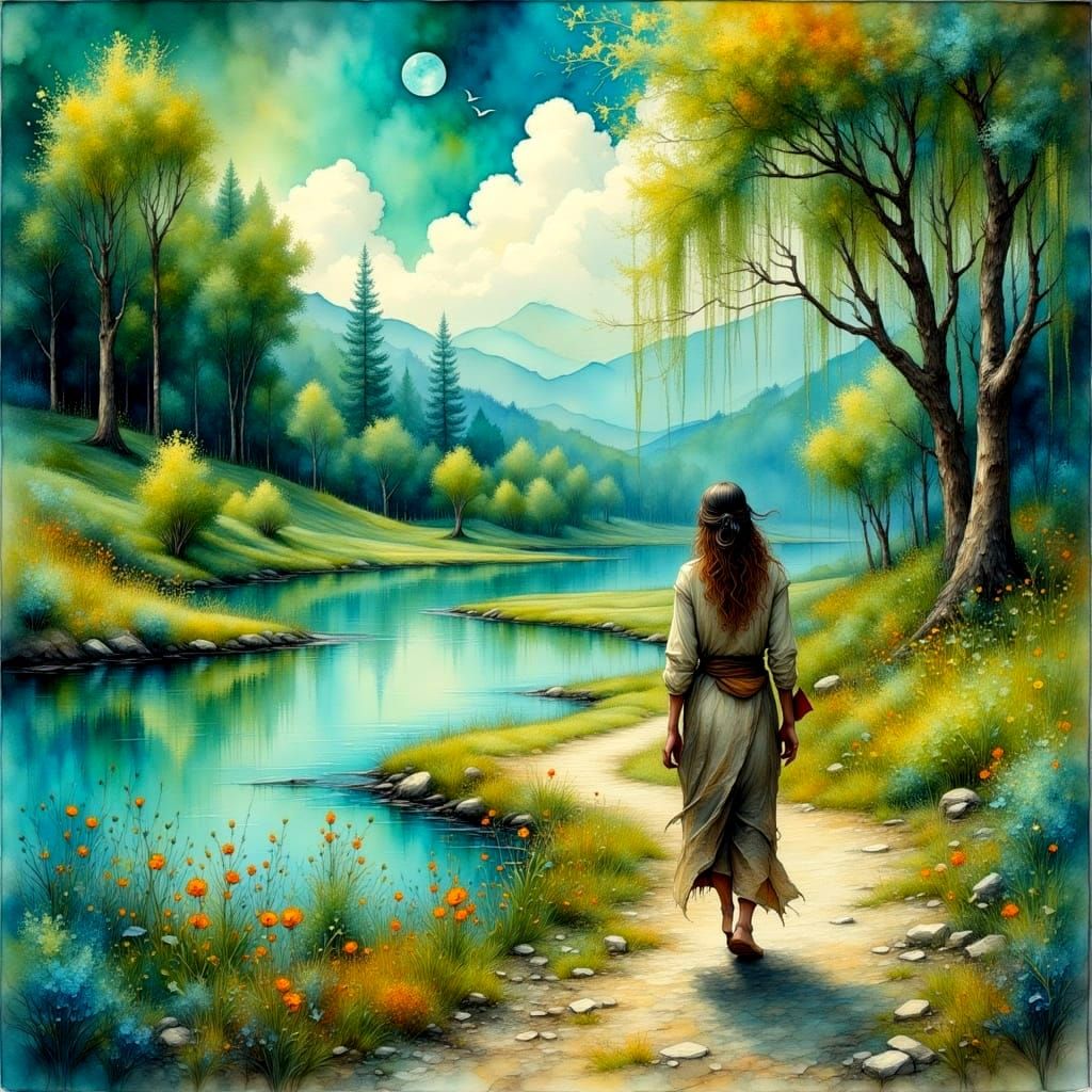 Watercolor River Scene with Weeping Willows