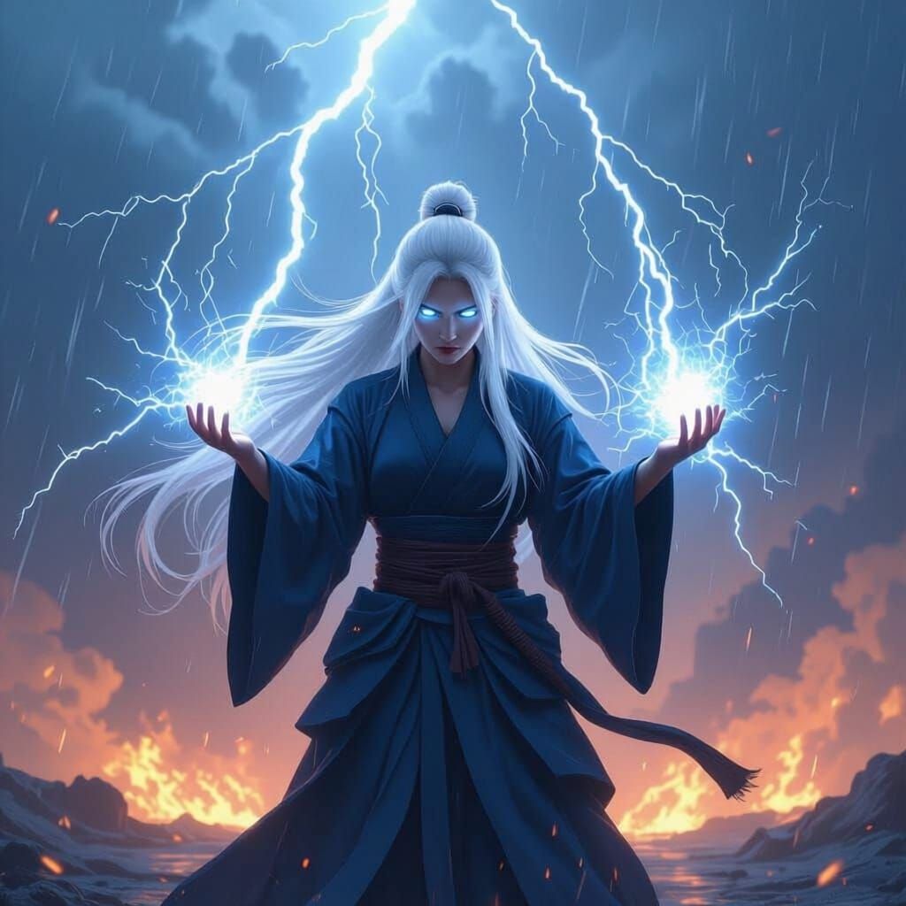 Japanese Mystic Charging Lightning Spell in Storm