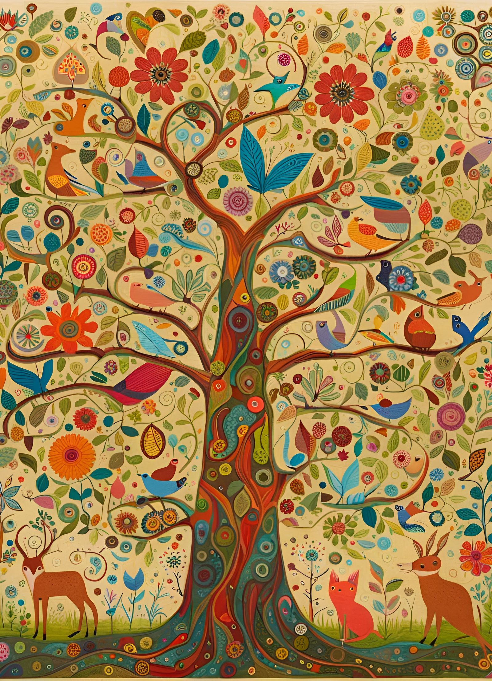 Vibrant Mother Tree of Life in Art Brut Style