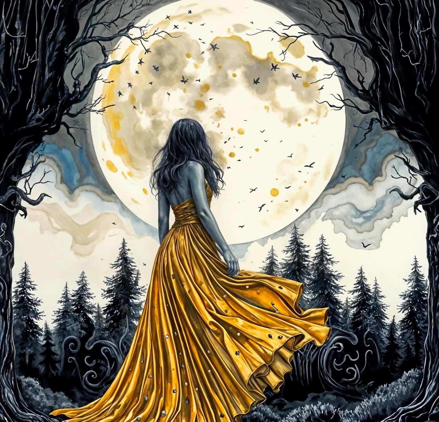 Woman in Gold Dress Under Moonscape, Ink Drawing