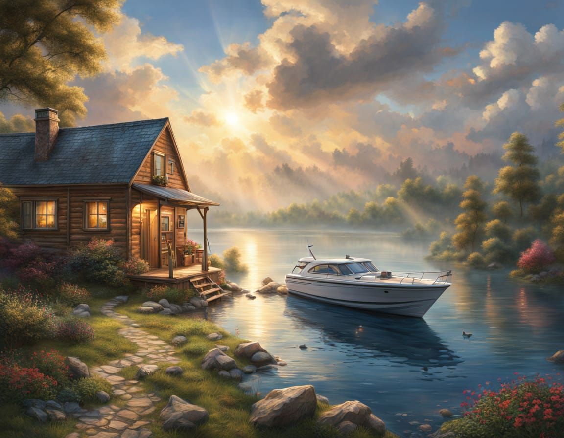 Ethereal Lakefront Oasis in Vibrant Hues